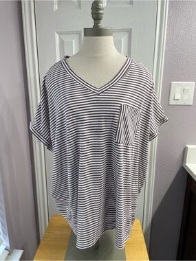 J. Jill White & Purple Stripe V-Neck Pocket Cotton Blend Short Sleeve Top XL